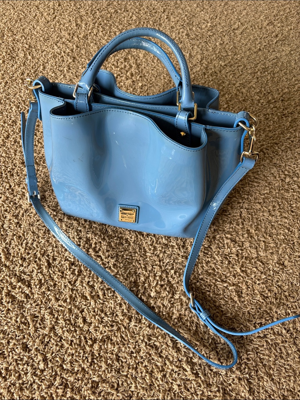 Dooney & Bourke Light Blue Patent Leather Purse with Adjustable Strap